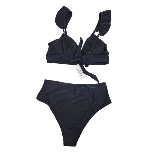 Womens Black Ruffle Bikini Set Tie-Front Top & High-Waisted Bottoms Size L - Picture 2 of 7